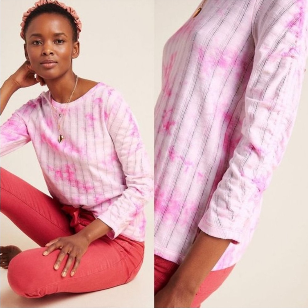 Anthropologie Pink Tie Dye Ruched Sleeve Shirt
